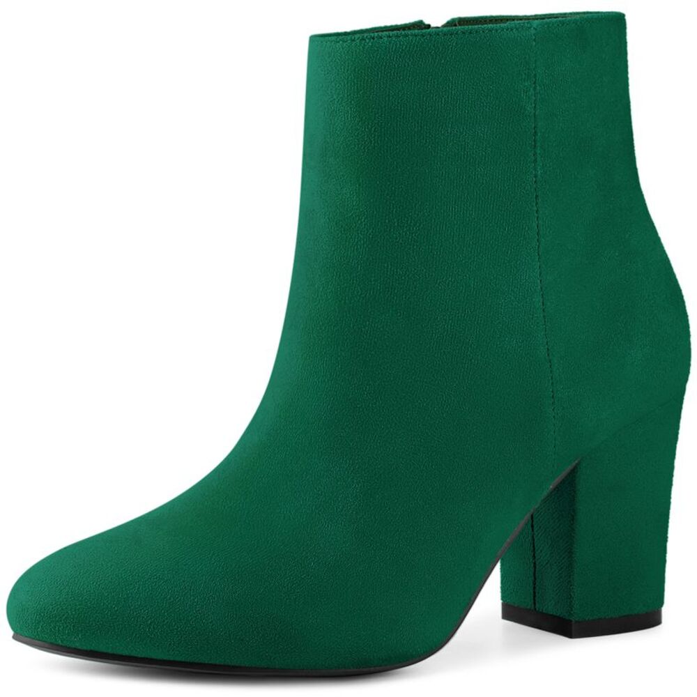 Round Toe Chunky High Heels Green Ankle Boots